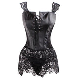 Sexy Faux Leather & Lace Corset Set - Burlesque Steampunk Gothic Bustier with G-String